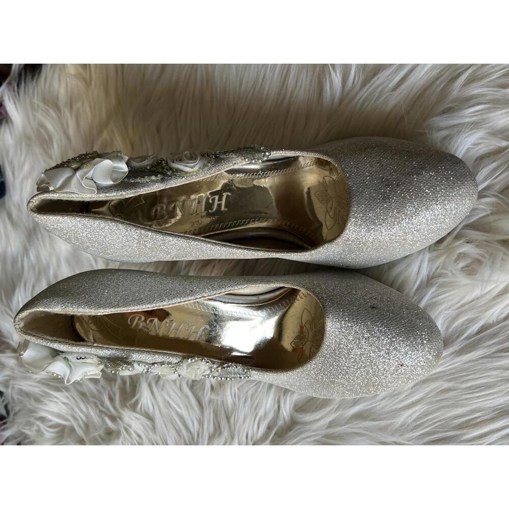 Stunning White  Glitter Heels with Floral Accents